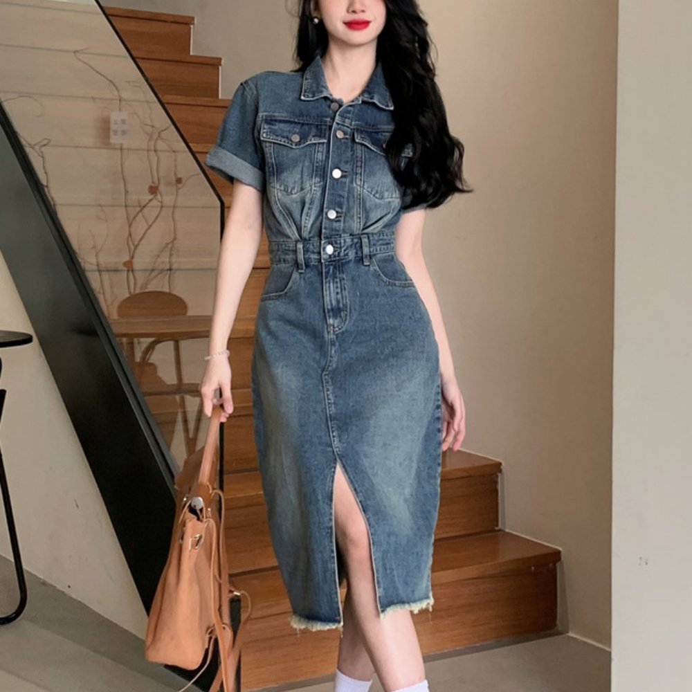 Slit Denim Dress, Denim Cargo Dress for Women, Denim Midi Dress